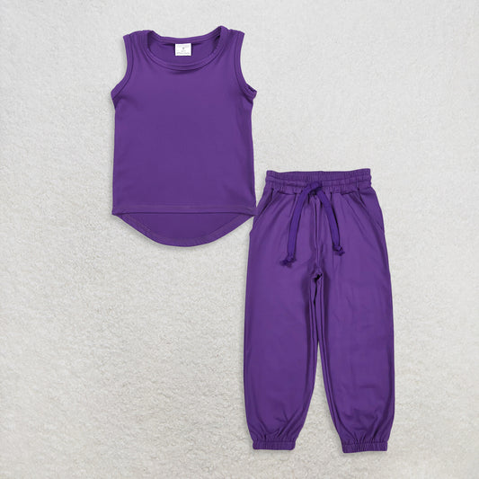 9.26 RTS NO MOQ （In stock）GT0996 + P0670 Baby Girls Purple Sleeveless Yoga Active Tee Shirts Vests Jogger Yoga Pants