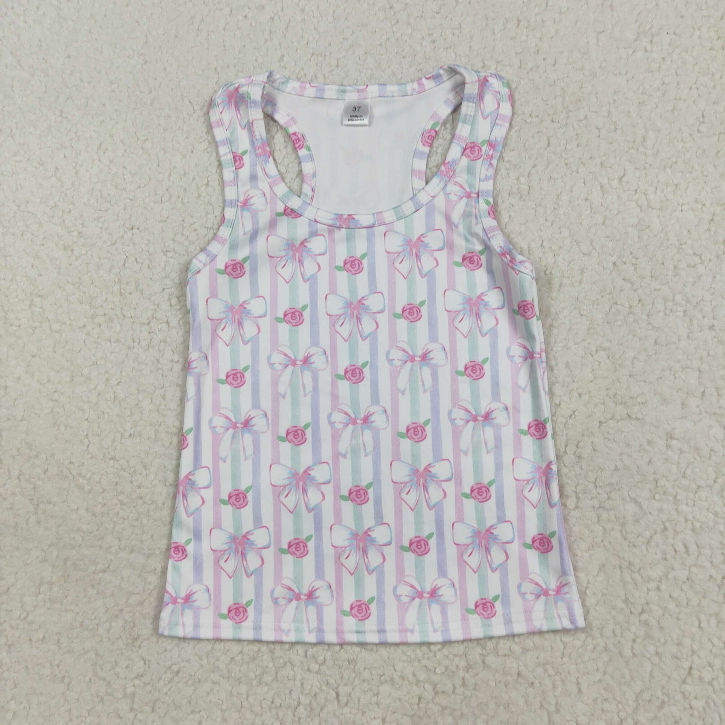 RTS NO MOQ （In stock）GT1014 Baby Girls Summer Yoga Tops Baby Girls Sleeveless Lavender Bows Flowers Stripe Yoga Shirts Tops