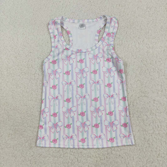 RTS NO MOQ （In stock）GT1014 Baby Girls Summer Yoga Tops Baby Girls Sleeveless Lavender Bows Flowers Stripe Yoga Shirts Tops