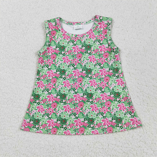 GT1015RTS NO MOQ Baby Girls Summer Yoga Tops Baby Girls Sleeveless Green Pink Floral Yoga Shirts Top