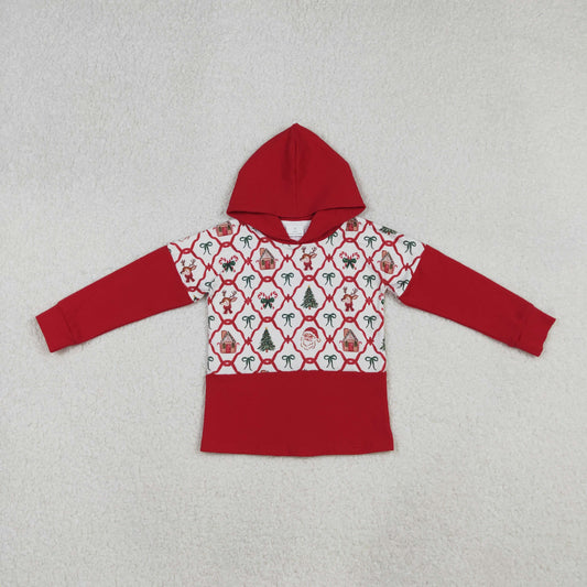 RTS NO MOQ （In stock）GT1042 Baby Girls Long Sleeve Tops Red Christmas Bows Gingerbread Trees Santa Hoodies Tops