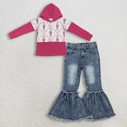 12.10 RTS NO MOQ （In stock）GT1043 + P0676 Baby Girls Pink Long Sleeves Bows Soldiers Checked Christmas Hoodies Top  Denim Flare Pants Jeans