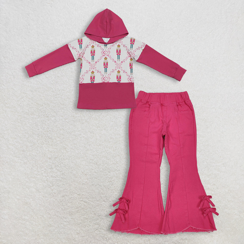 12.4 RTS NO MOQ （In stock）GT1043 + P0731 Baby Girls Pink Long Sleeves Bows Soldiers Checked Christmas Hoodies Top Denim Flare Pants Jeans