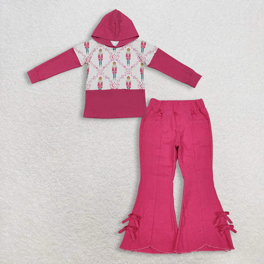 12.4 RTS NO MOQ （In stock）GT1043 + P0731 Baby Girls Pink Long Sleeves Bows Soldiers Checked Christmas Hoodies Top Denim Flare Pants Jeans