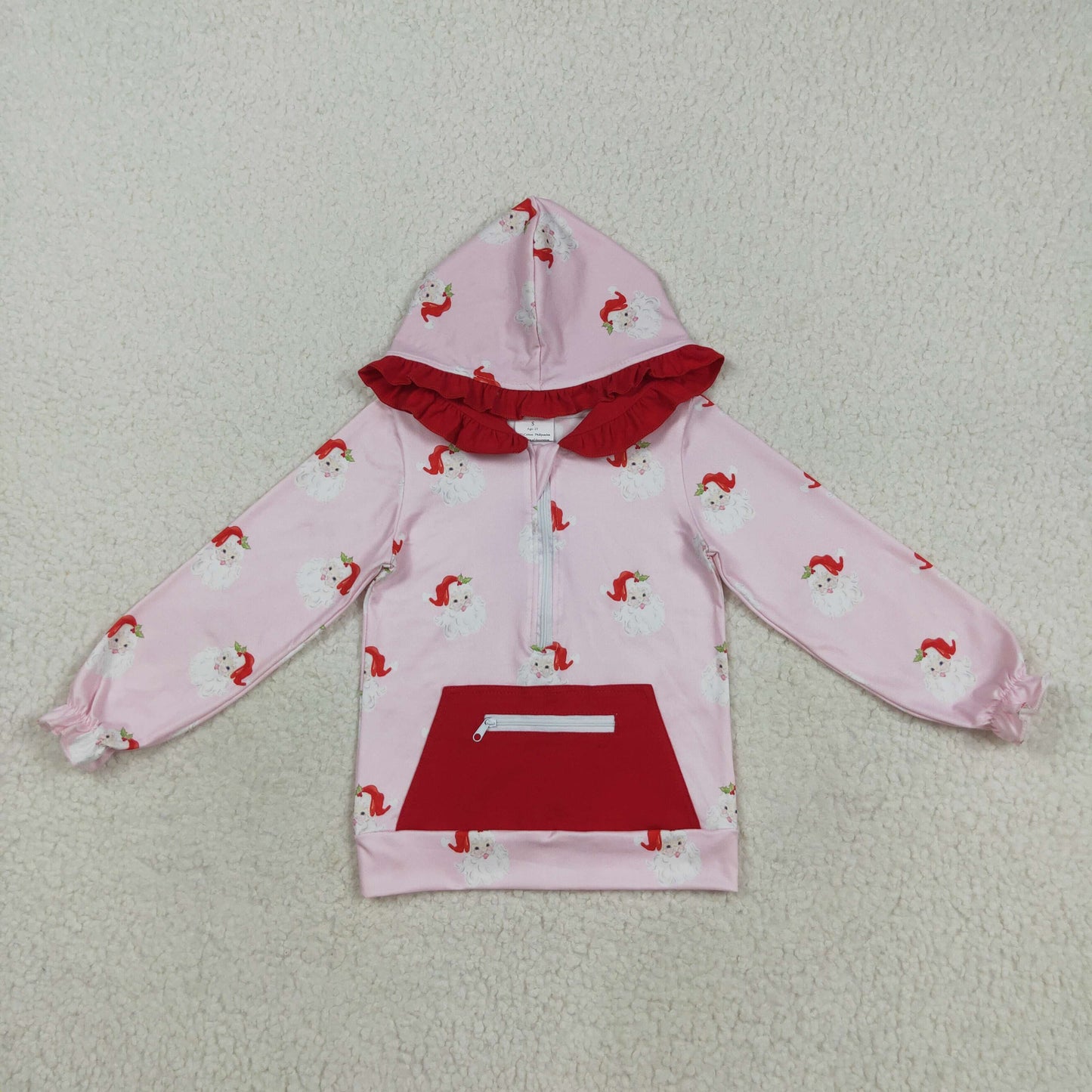 RTS NO MOQ （In stock）GT1047 Baby Girls Long Sleeve Tops Baby Girls Pink Long Sleeves Santa Pocket Zipper Hoodies Top