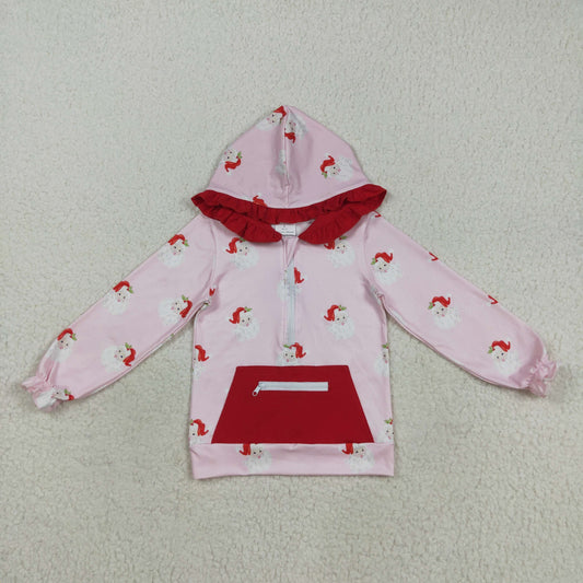 RTS NO MOQ （In stock）GT1047 Baby Girls Long Sleeve Tops Baby Girls Pink Long Sleeves Santa Pocket Zipper Hoodies Top