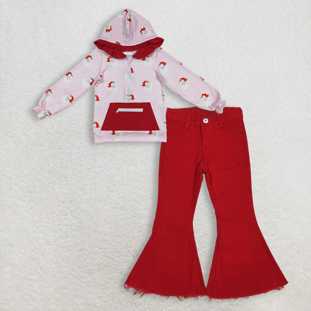 12.10 RTS NO MOQ （In stock）GT1047 + P0083 Baby Girls Pink Long Sleeves Santa Pocket Zipper Hoodies Top  Denim Bell Jeans Pants