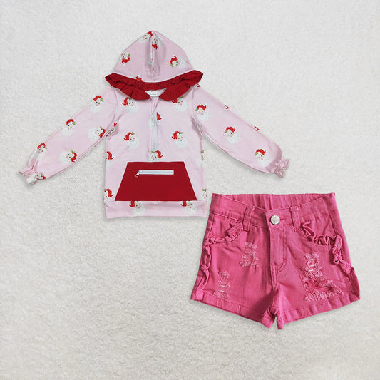9.17 RTS NO MOQ （In stock）GT1047 + SS0013 Baby Girls Zipper Hooded Top hotpink ruffle denim