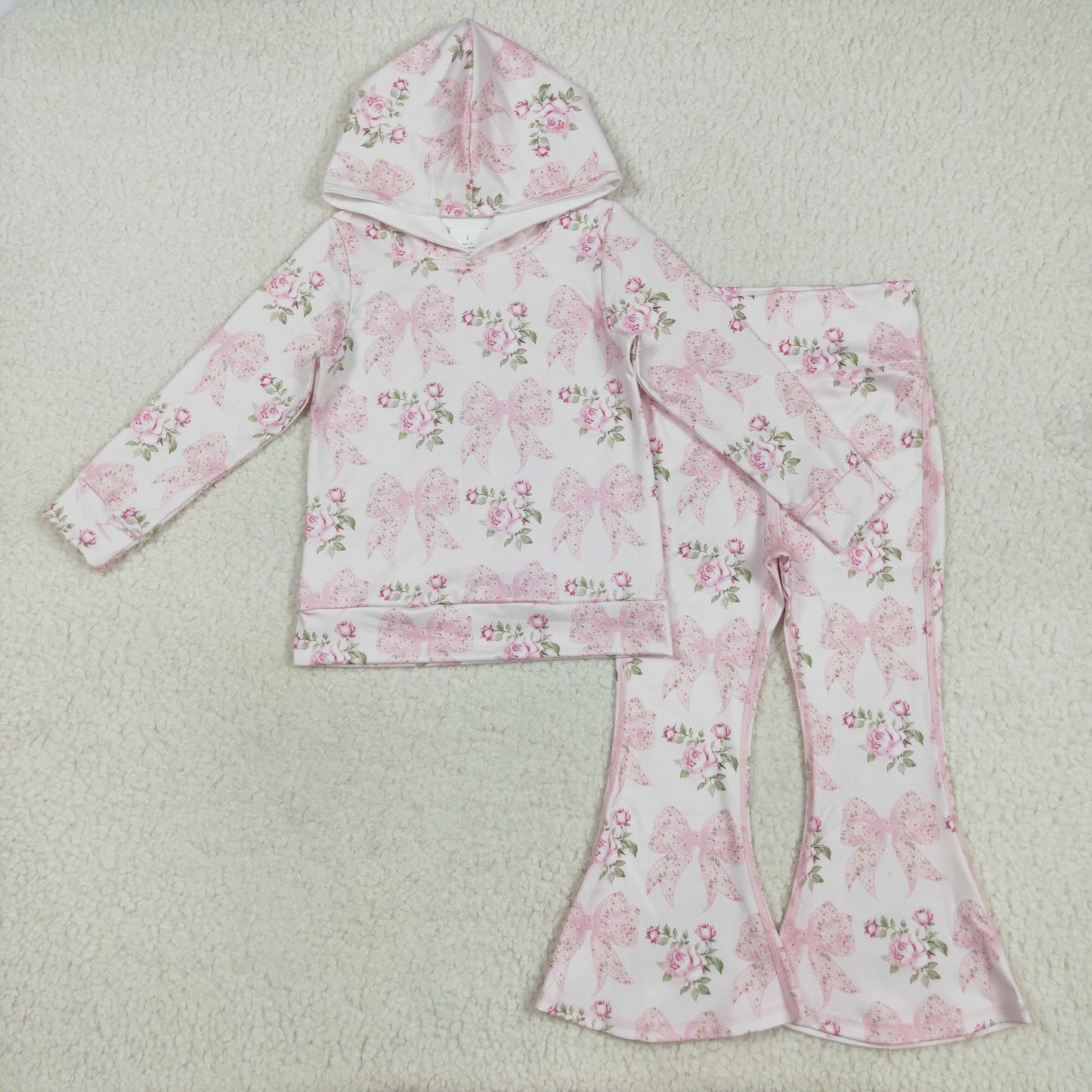 RTS Sibling Long sleeves floral pink bow baby girls hoodie Light pink bow floral baby girls yoga bell bottom pants Sets