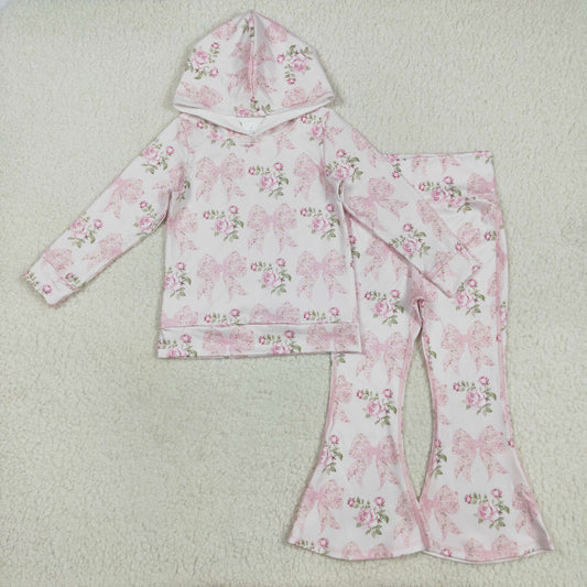 RTS Sibling Long sleeves floral pink bow baby girls hoodie Light pink bow floral baby girls yoga bell bottom pants Sets