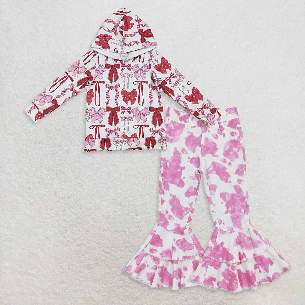 9.17 RTS NO MOQ （In stock）GT1059  +  P0406 Baby Girls Pink Hooded Top Ruffle Bell Flare Denim Pants