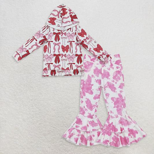 9.17 RTS NO MOQ （In stock）GT1059  +  P0406 Baby Girls Pink Hooded Top Ruffle Bell Flare Denim Pants