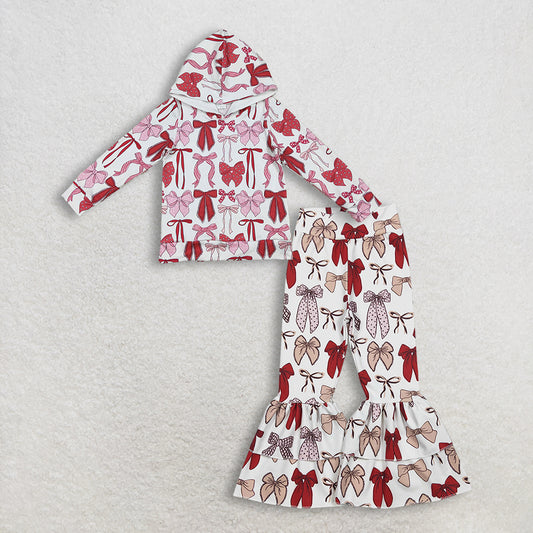 12.9 RTS NO MOQ （In stock）GT1059 + P0885 Baby Girls Red Bows Plaid Hoodies Top Yoga Ruffle Bell Bottom Clothes Set