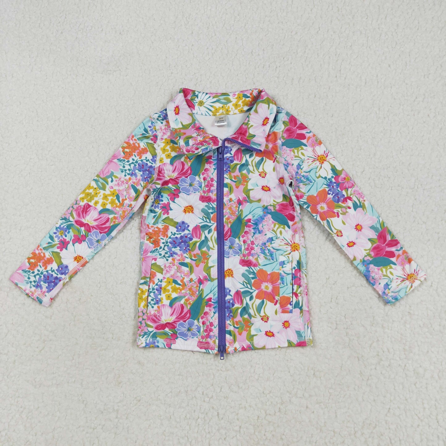 RTS NO MOQ （In stock）GT1061 Baby Girls  Yoga Tops Baby Girls Long Sleeves Pink Lavender Floral Pockets Zipper Yoga Jackets