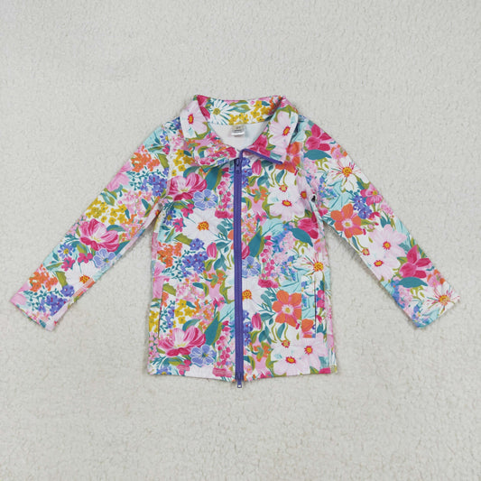 RTS NO MOQ （In stock）GT1061 Baby Girls  Yoga Tops Baby Girls Long Sleeves Pink Lavender Floral Pockets Zipper Yoga Jackets