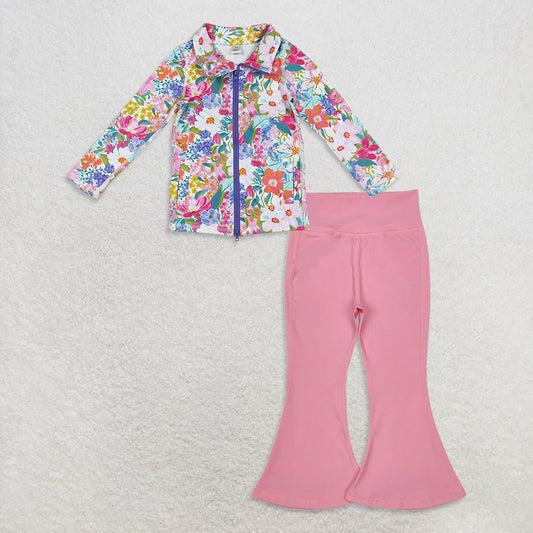 9.24 RTS NO MOQ （In stock）GT1061 + P0573 Baby Girls Pockets Zipper Yoga Jackets Pink Bell Bottom Pants