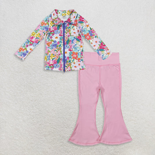 9.25 RTS NO MOQ （In stock）GT1061 + P0576 Baby Girls Long Sleeves Pink Lavender Floral Pockets Zipper Yoga Jackets Pink Bell Bottom Pants