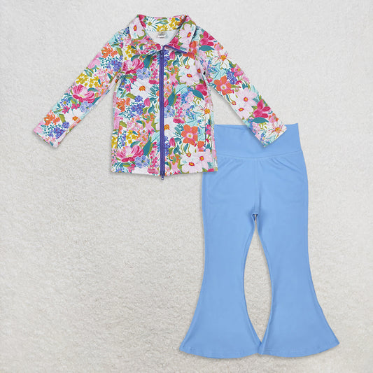 9.24 RTS NO MOQ （In stock）GT1061 +  P0577 Baby Girls Pockets Zipper Yoga Jackets Bell Bottom Pants