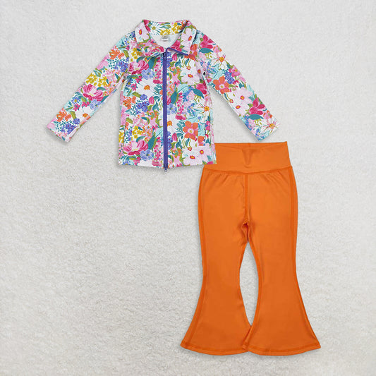 9.23 RTS NO MOQ （In stock）GT1061 + P0684 Baby Girls Floral Pockets Zipper Yoga Jackets Orange Bell Bottom Pants