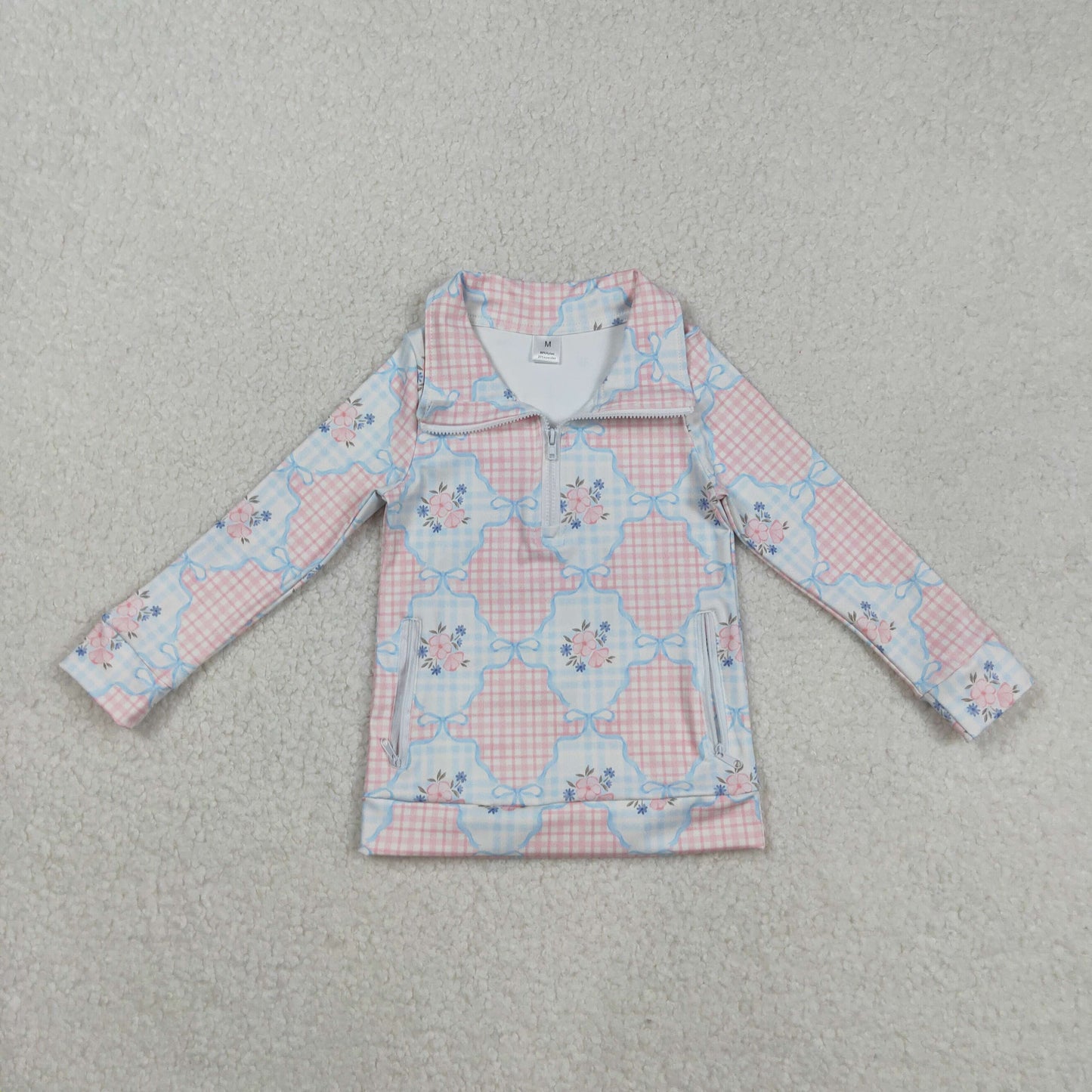 RTS NO MOQ （In stock）GT1062 Baby Girls Long Sleeve Tops Pink Flowers Plaid Pockets Zipper Yoga Active Pullovers Top