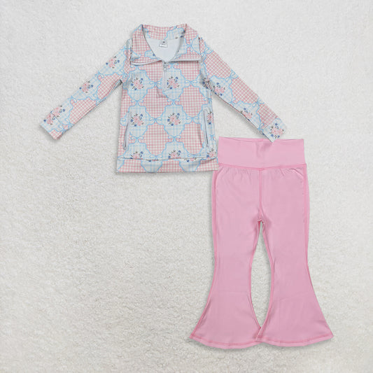 9.23 RTS NO MOQ （In stock）GT1062 + P0576 Baby Girls Pockets Zipper Yoga Active Pullovers Top Bell Bottom Pants