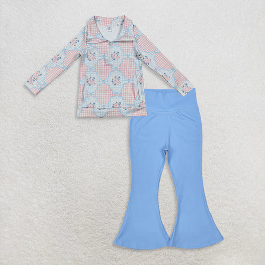 9.25 RTS NO MOQ （In stock）GT1062 + P0577 Baby Girls Pink Flowers Plaid Pockets Zipper Yoga Active Pullovers Top Bell Bottom Pants