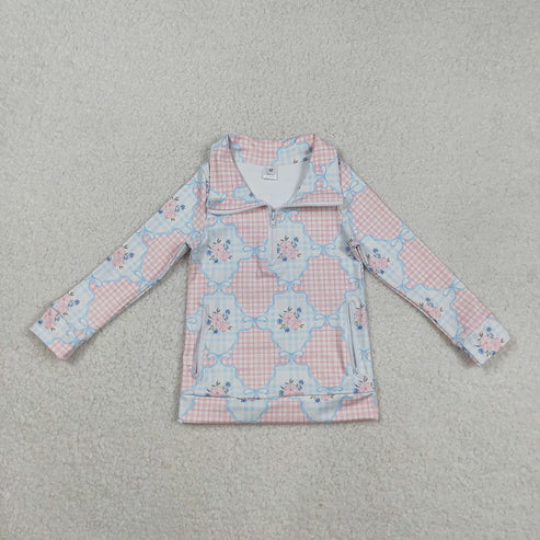 9.27 RTS Sibling Baby Girls Flowers Bows Pockets Zipper Yoga Active Pullovers Top