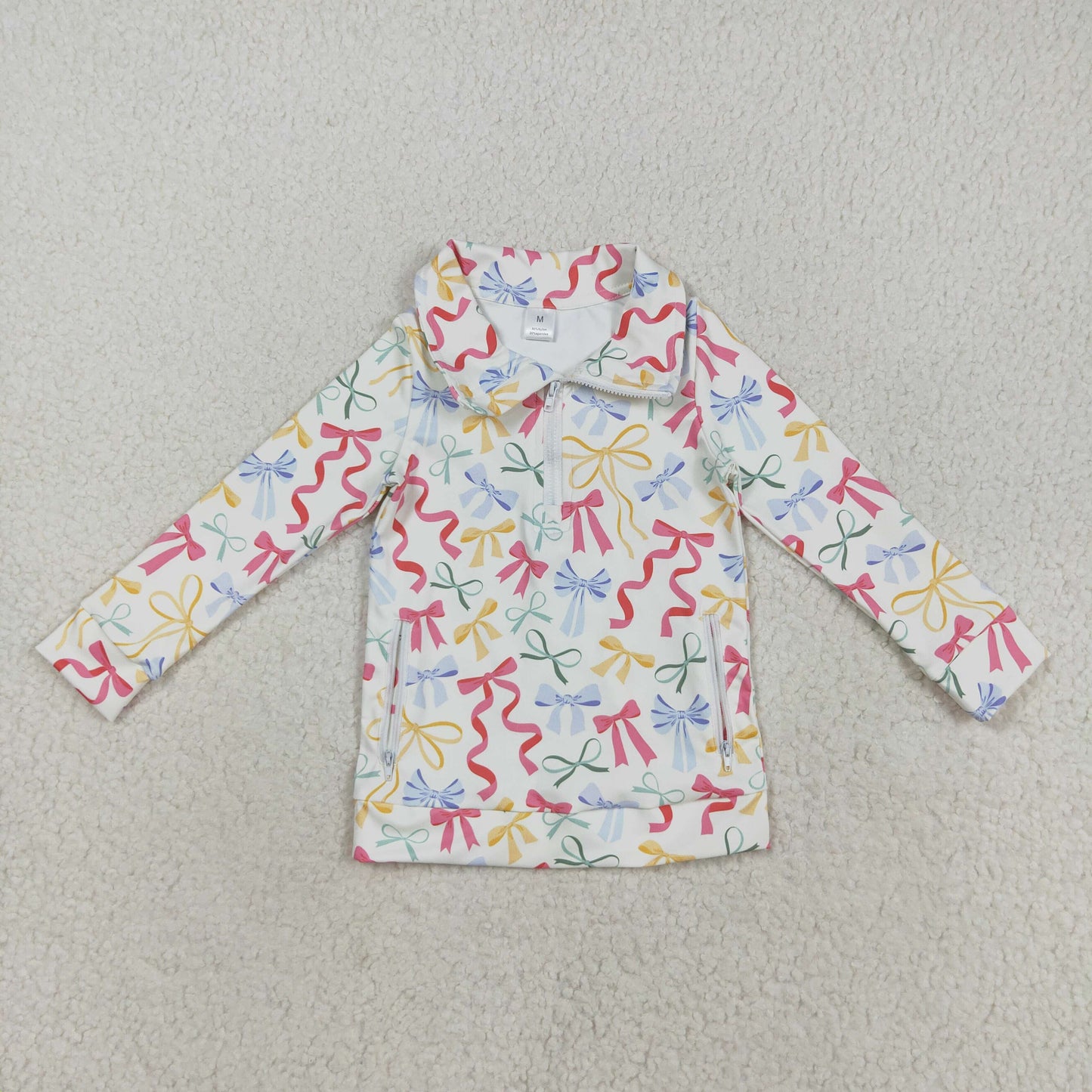 RTS NO MOQ （In stock）GT1065 Baby Girls Yoga Tops Baby Girls Colorful Bows Pockets Zipper Yoga Active Pullovers Top