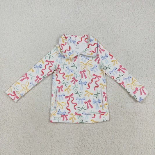 RTS NO MOQ （In stock）GT1065 Baby Girls Yoga Tops Baby Girls Colorful Bows Pockets Zipper Yoga Active Pullovers Top