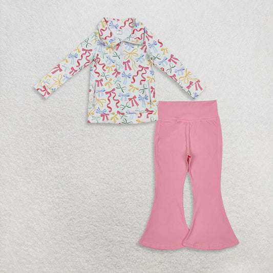 9.23 RTS NO MOQ （In stock）GT1065 + P0573 Baby Girls Pockets Zipper Yoga Active Pullovers Top Pink Bell Bottom Pants