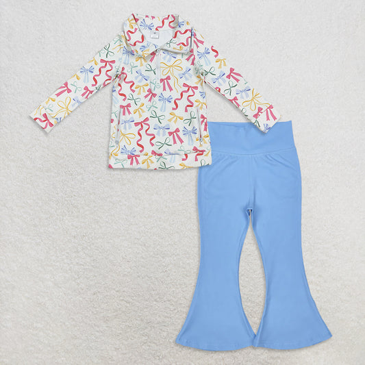 9.24 RTS NO MOQ （In stock）GT1065 + P0577 Baby Girls Colorful Bows Pockets Zipper Yoga Jackets Pink Bell Bottom Pants