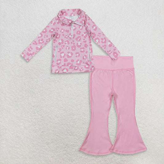 9.23 RTS NO MOQ （In stock）GT1070 +  P0576 Baby Girls Pink Leopard Pockets Zipper Yoga Activite Jackets Top  Bell Bottom Pants