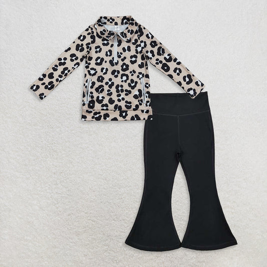 9.23 RTS NO MOQ （In stock）GT1072  +  P0578 Baby Girls Black Pockets Zipper Yoga Activite Jackets Top  Bell Bottom Pants