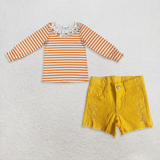 9.17 RTS NO MOQ （In stock）GT1074 +  A11-12 Baby Girls Long Ruffle Sleeves Top denim shorts