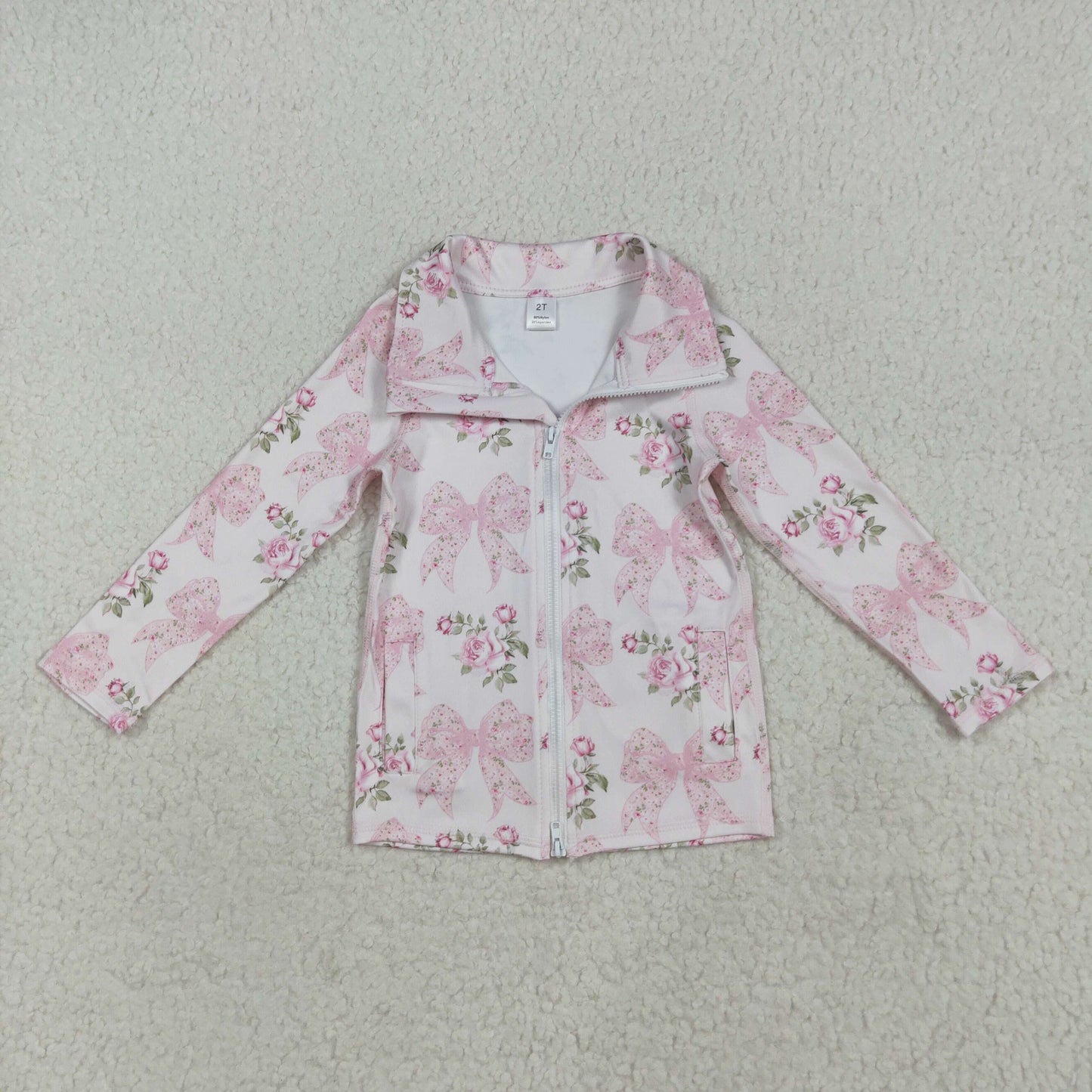 8.14 RTS NO MOQ （In stock） GT1075 Baby Girls Summer Yoga Tops Baby Girls Long Sleeves Pink Floral Bows Zipper Pockets Yoga Jacket Top