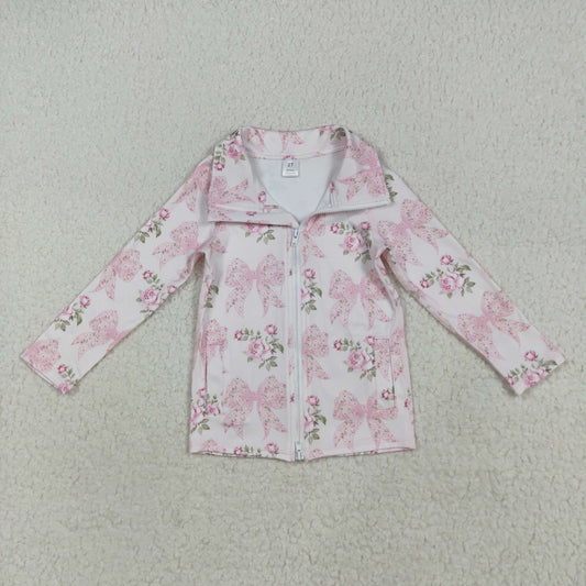 8.14 RTS NO MOQ （In stock） GT1075 Baby Girls Summer Yoga Tops Baby Girls Long Sleeves Pink Floral Bows Zipper Pockets Yoga Jacket Top