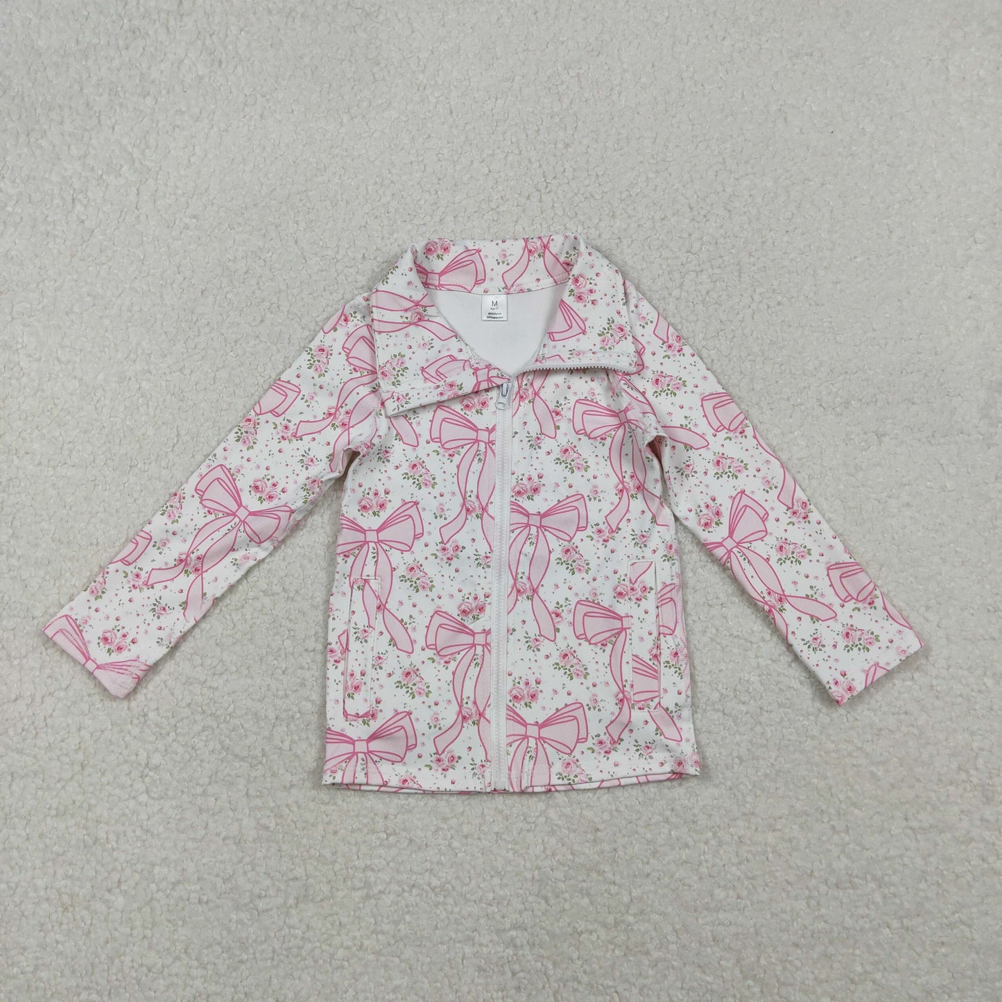 10.28 RTS NO MOQ （In stock）GT1082 Baby Girls Long Sleeve Tops Baby Girls Pink Floral Bows Plaid Zipper Pockets Yoga Active Jackets Top