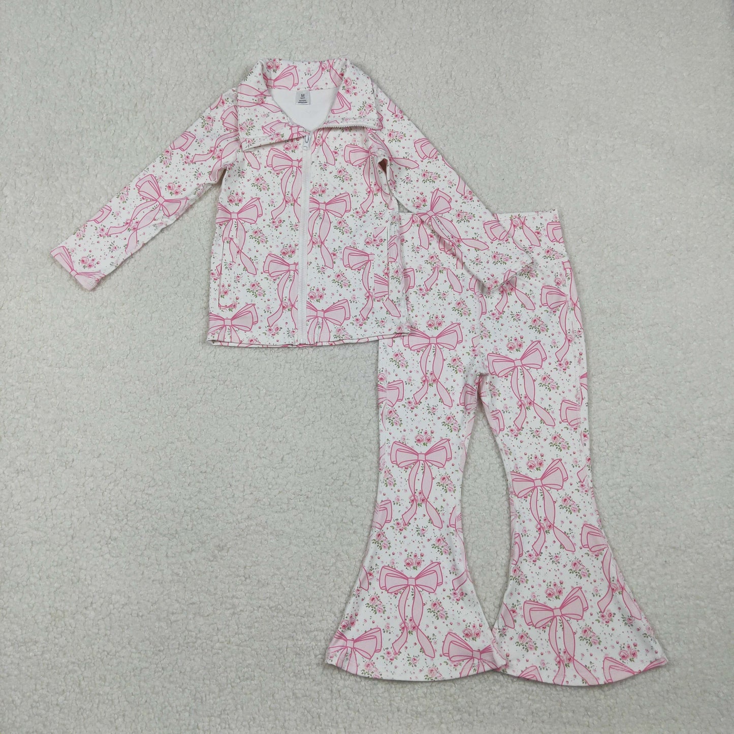 11.24 RTS NO MOQ （In stock）GT1082 + P0773 Baby Girls Pink Floral Bows Plaid Zipper Pockets Yoga Active Jackets Top Bell Bottom Pants