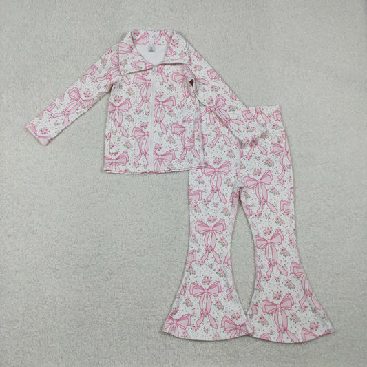 11.24 RTS NO MOQ （In stock）GT1082 + P0773 Baby Girls Pink Floral Bows Plaid Zipper Pockets Yoga Active Jackets Top Bell Bottom Pants