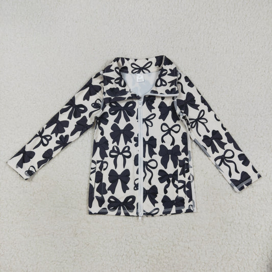 RTS NO MOQ （In stock）GT1084 Baby Girls  Yoga Tops Baby Girls Long Sleeves Black Bows Zipper Pockets Yoga Jacket Tops