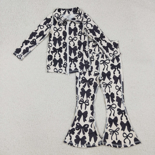 RTS NO MOQ （In stock）GT1084+P0775 Kids Girls Long Sleeves Black Bow Zipper Yoga Top Baby Girls Bell Bottom Yoga Pants with Bow Detail