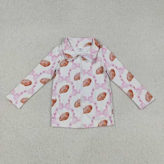 RTS NO MOQ （In stock）GT1088 Baby Girls Yoga Tops  Long Sleeves Pink Bow Football Zipper Yoga Top