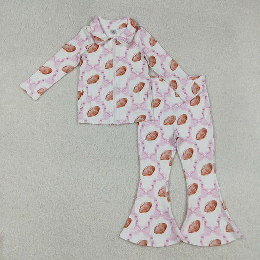 RTS NO MOQ （In stock）GT1088+P0780 Baby Girls Yoga Outfits Long Sleeve Pink Bow Football Zipper Yoga Top with Bell Bottom Pants Girls Active Wear Fitness Outfit