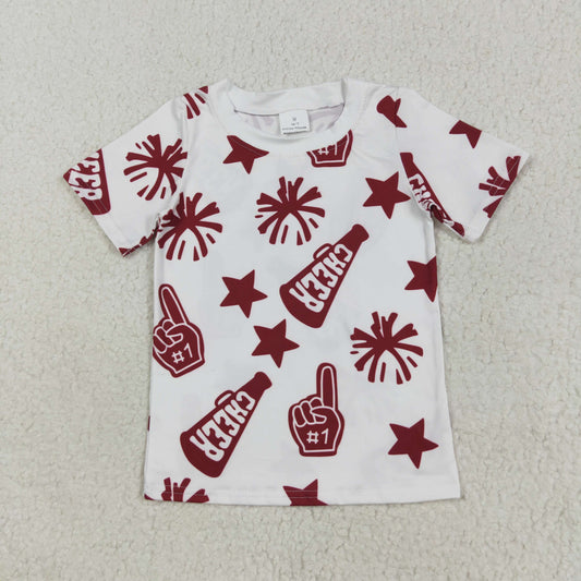 RTS NO MOQ （In stock）GT1093 Baby Girls Summer Tops Baby Girls Short Sleeves Dark Red Cheer Stars Team Tee Shirts Tops