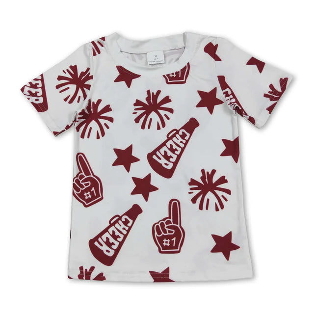 6.1 RTS NO MOQ （In stock）GT1093+GLK0139 Maroon short sleeves kids girls cheer shirt with Maroon bow kids girls activewear skirt