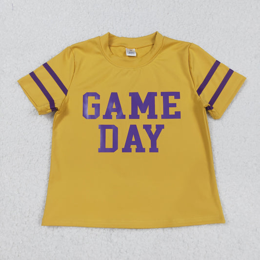 RTS NO MOQ （In stock）GT1100 Baby Girls Yoga Tops Purple Game Day Team Tee Shirts Tops Unisex Soft Cotton Short Sleeve T-Shirt for Sports Fans