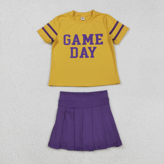 RTS NO MOQ （In stock）GT1100+GLK0086 Baby Girls Yoga Outfits Purple Game Day Team Tee Shirts And Pleated Skirts Set Active Wear Yoga Top Bottoms Outfit for Kids