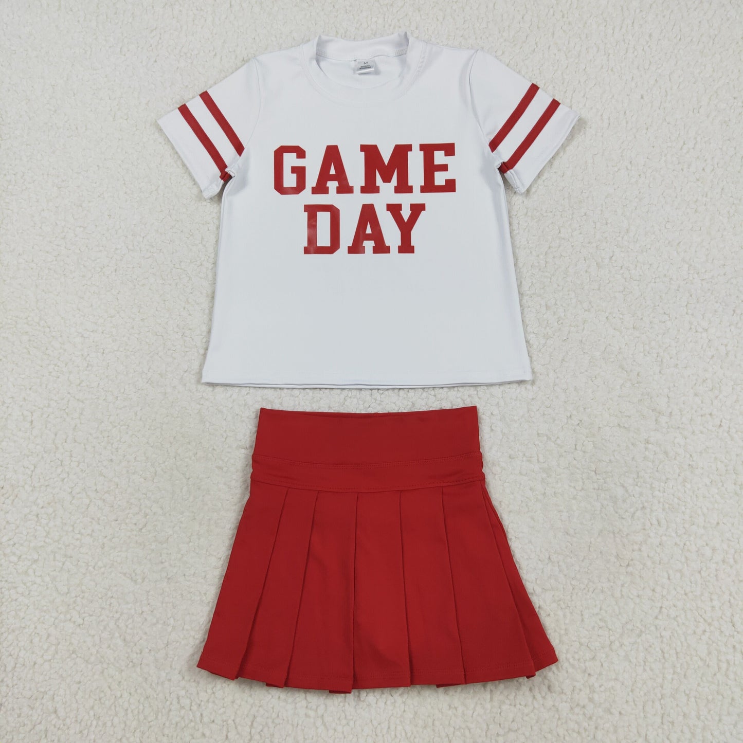 RTS NO MOQ （In stock）GT1102+GLK0124 Baby Girls Summer Outfits Baby Girls Offset Print Red Game Day Yoga Active Team Tee Shirts Baby Girls Dark Red Yoga Skorts Bottom Pleated Skirts Sets