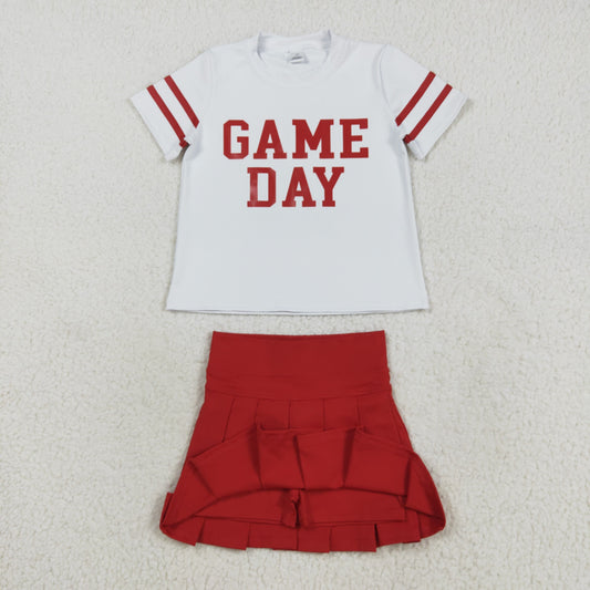 RTS NO MOQ （In stock）GT1102+GLK0124 Baby Girls Summer Outfits Baby Girls Offset Print Red Game Day Yoga Active Team Tee Shirts Baby Girls Dark Red Yoga Skorts Bottom Pleated Skirts Sets