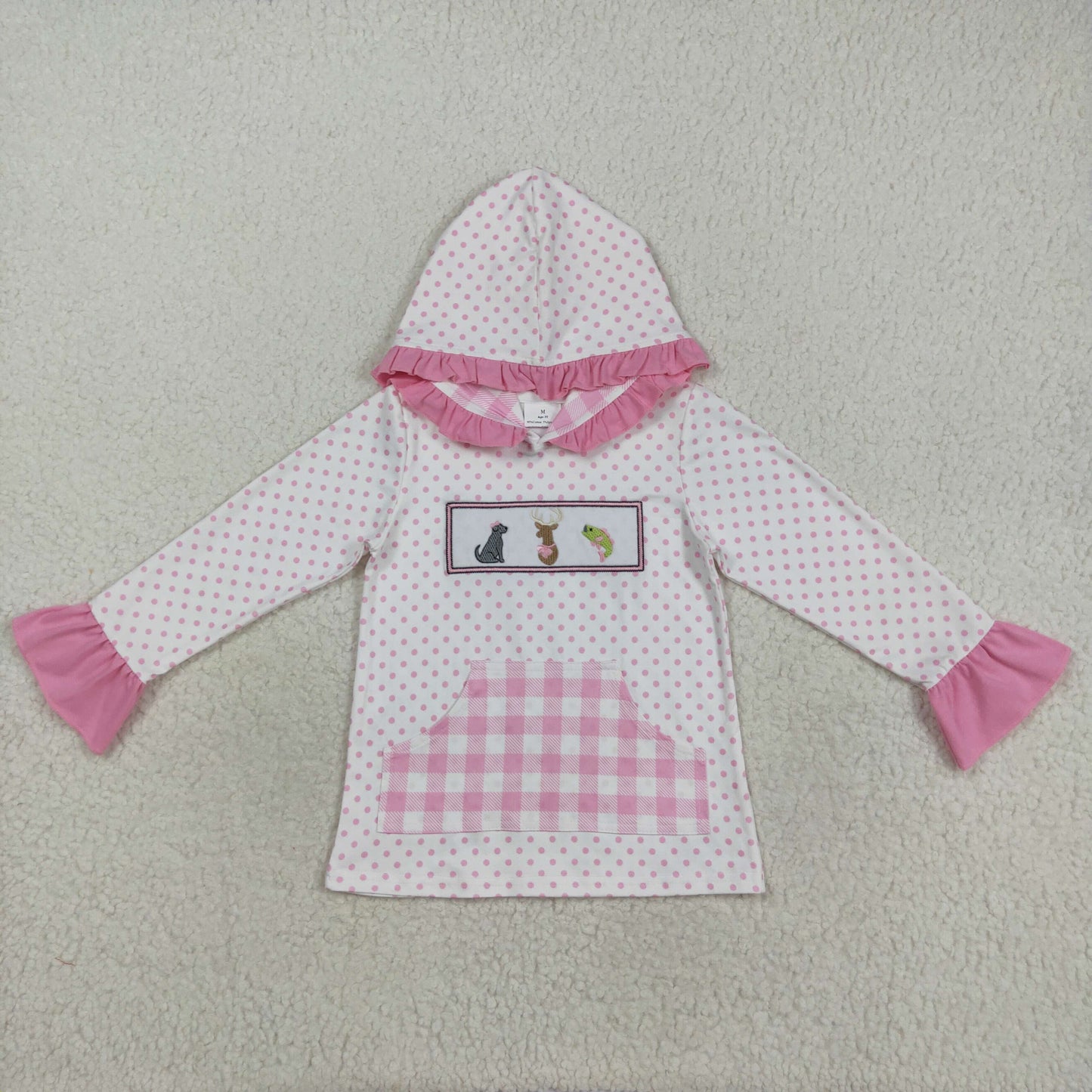 8.21 RTS NO MOQ （In stock）GT1106 Baby Girls Long Sleeve Tops Embroidery Dogs Deer Fish Baby Girls Polka Dots Pocket Hoodies Top